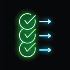 Poster - Green neon check marks being ticked off a list with blue arrows on a black background