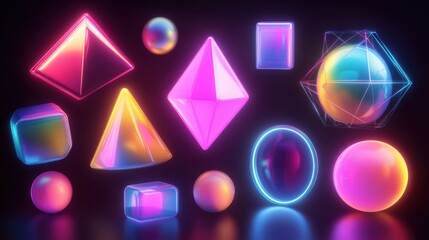 Poster - Neon Geometric Shapes Illuminated In Dark Space