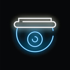 Poster - blue neon security camera icon glowing against a dark background, symbolizing surveillance and safet