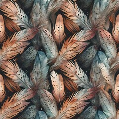 Wall Mural - a seamless pattern of colorful feathers in shades of orange blue and gray creating a vibrant texture