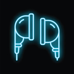 Poster - Blue neon icon of headphones glowing on black background representing concept of listening to music