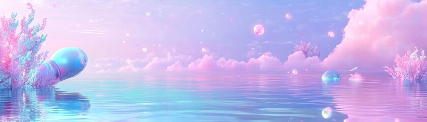 Poster - Pastel Dreamscape Serene Water Bubbles and Clouds