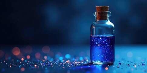 Wall Mural - Glittering dark blue liquid in a glass container, vial, shimmering liquid