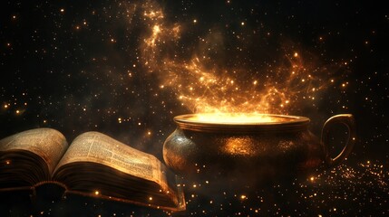 Aufkleber - Golden Cauldron Glowing with Magical Sparks and Ancient Book