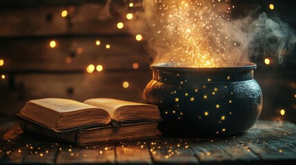 Aufkleber - Magical Cauldron Brew Glowing With Mystical Sparks And Ancient Book