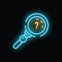 Wall Mural - Neon magnifying glass searching for answers icon illustration