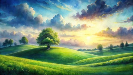 Canvas Print - Serene Sunset Over Rolling Green Hills with a Solitary Tree in a Peaceful Meadow Landscape