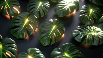 Wall Mural - Illuminated Monstera Leaves on Dark Background