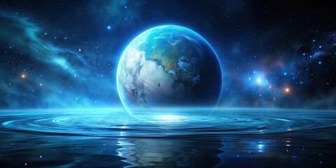 Wall Mural - Celestial Orb Reflecting in Tranquil Waters of an Extraterrestrial Ocean Under a Starry Night Sky