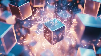 Aufkleber - Glowing Cubes Sparkles Abstract Digital Art
