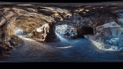 Poster - 360 degree full panorama environment map of dark underground concrete tunnel motorway road with sun light 3d render illustration hdri hdr vr virtual reality