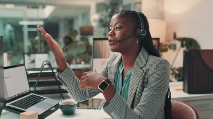 Poster - Woman, video call or computer with microphone in office for client account review or online consultation. Financial advisor, night or black person with investment planning, customer service or advice