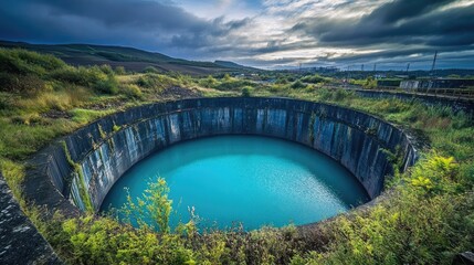 Sticker - Circular Reservoir Nestled Within Verdant Hills