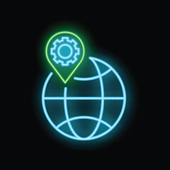 Poster - Neon sign of a world globe with a location pin featuring a cogwheel, symbolizing global engineering and innovation