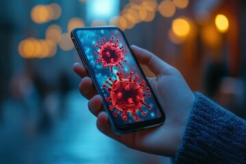 Wall Mural -  Hand holding smartphone displaying red virus particles on screen, with blurred city lights in background. A symbolic representation of digital health awareness, pandemic, and modern technology.