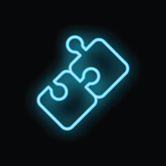 Poster - Two puzzle pieces connecting together with blue neon light on a dark background, representing teamwork and problem solving