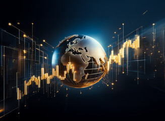 Poster - A double exposure image blending a globe with a financial graph.  Digital and modern style with blue and gold color scheme, representing global economy and technology.