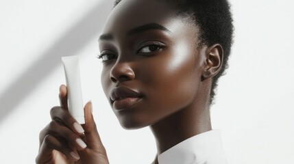 Aufkleber - A confident woman showcases her radiant skin while holding a skincare product