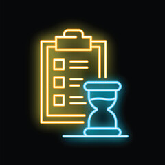 Poster - Neon glowing icon of hourglass with sand passing through near clipboard with checklist, concept of time management or deadline