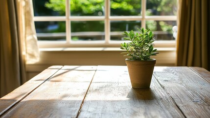 Poster - Sunlit Plant in Pot on Wooden Table by Window