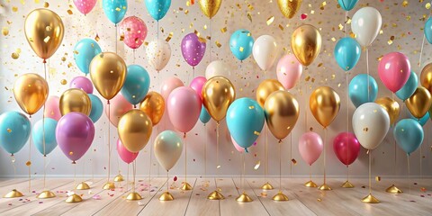 Poster - A Festive Gathering of Pastel and Gold Balloons with Confetti for a Joyful Celebration