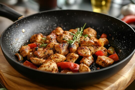 deliciously seasoned chicken cooking in skillet
