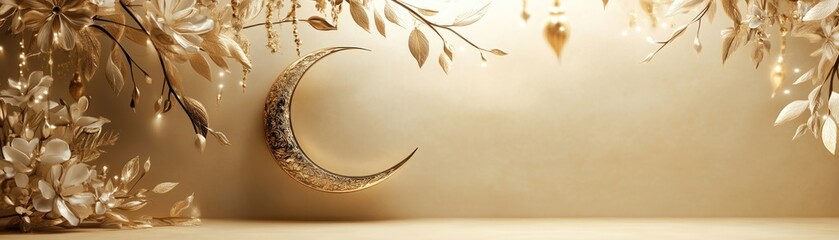 Wall Mural - Golden Crescent Moon with Ornate Floral Decorations