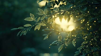 Canvas Print - Dewdrops Glistening on Leaves at Sunrise