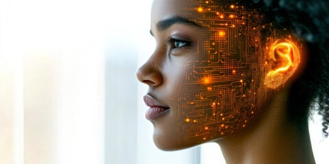 Aufkleber - A profile view of a young woman with glowing circuits on her face. The image blends technology and beauty, showcasing a futuristic style. It symbolizes the union of human and machine. AI