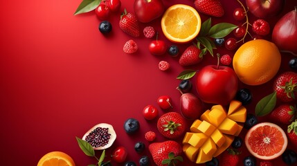 Wall Mural - A variety of colorful fruits on a red background.