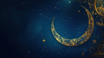 Wall Mural - Ornate Golden Crescent Moon Against A Starry Night Sky