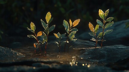 Poster - Dew Kissed Saplings Emerging From Rocky Water