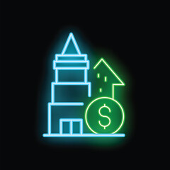Poster - Neon sign illustrating the concept of real estate market growth with a dollar sign and buildings