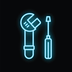 Poster - Glowing neon line icon of a wrench and screwdriver on a black background, perfect for diy or handyman concepts
