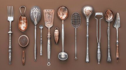 Wall Mural - A collection of antique kitchen utensils displayed on a brown background.