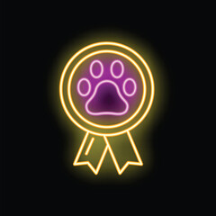 Poster - Neon sign glowing in the dark with a dog paw print inside a medal with a ribbon, ideal for pet shops, veterinary clinics, or any business related to dogs
