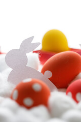 Wall Mural - Happy Easter eggs and gift boxes on white background. Easter decoration.