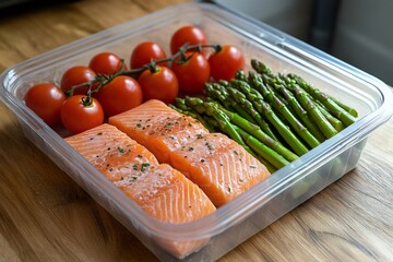 Wall Mural - Fresh salmon fillets with asparagus and tomatoes displayed in container