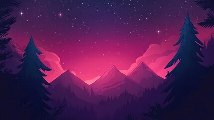 Poster - Pink Sunset Over Silhouetted Mountains and Trees