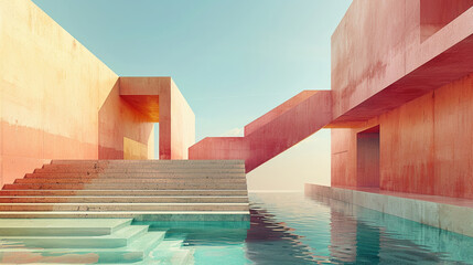 Aufkleber - serene architectural scene featuring colorful geometric structures, steps, and water reflections. vibrant hues create tranquil atmosphere, inviting exploration and creativity
