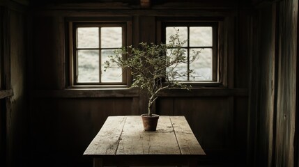 Poster - Small tree in pot sits on rustic wooden table