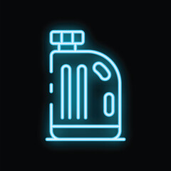 Poster - Blue neon sign representing a detergent bottle glowing on a black background