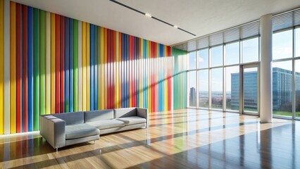 Wall Mural - Modern Office Space with Vibrant Colorful Wall and Sunlight Streaming Through Large Windows