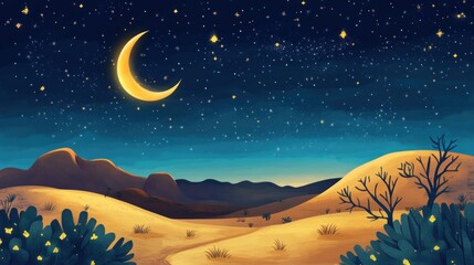 Wall Mural - Desert Night Sky Crescent Moon Stars Landscape