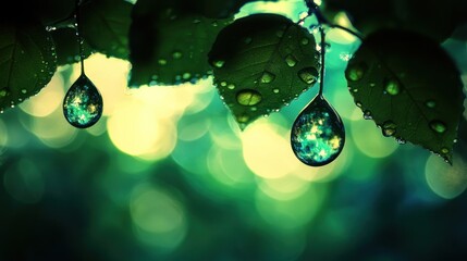 Poster - Dewdrops clinging to leaves reflecting natures beauty