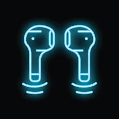 Poster - Blue neon sign representing a pair of wireless earbuds vibrating on a dark background