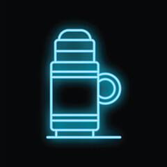Poster - blue neon thermos flask icon glowing against a black background