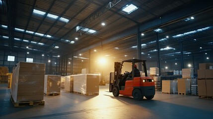 Poster - Forklift Operator Moving Pallets In Large Warehouse