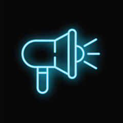Poster - Neon blue megaphone glowing on black background representing concept of announcement