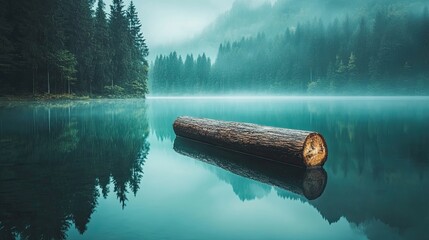 Poster - Tranquil lake scene with a log floating peacefully amidst misty forest